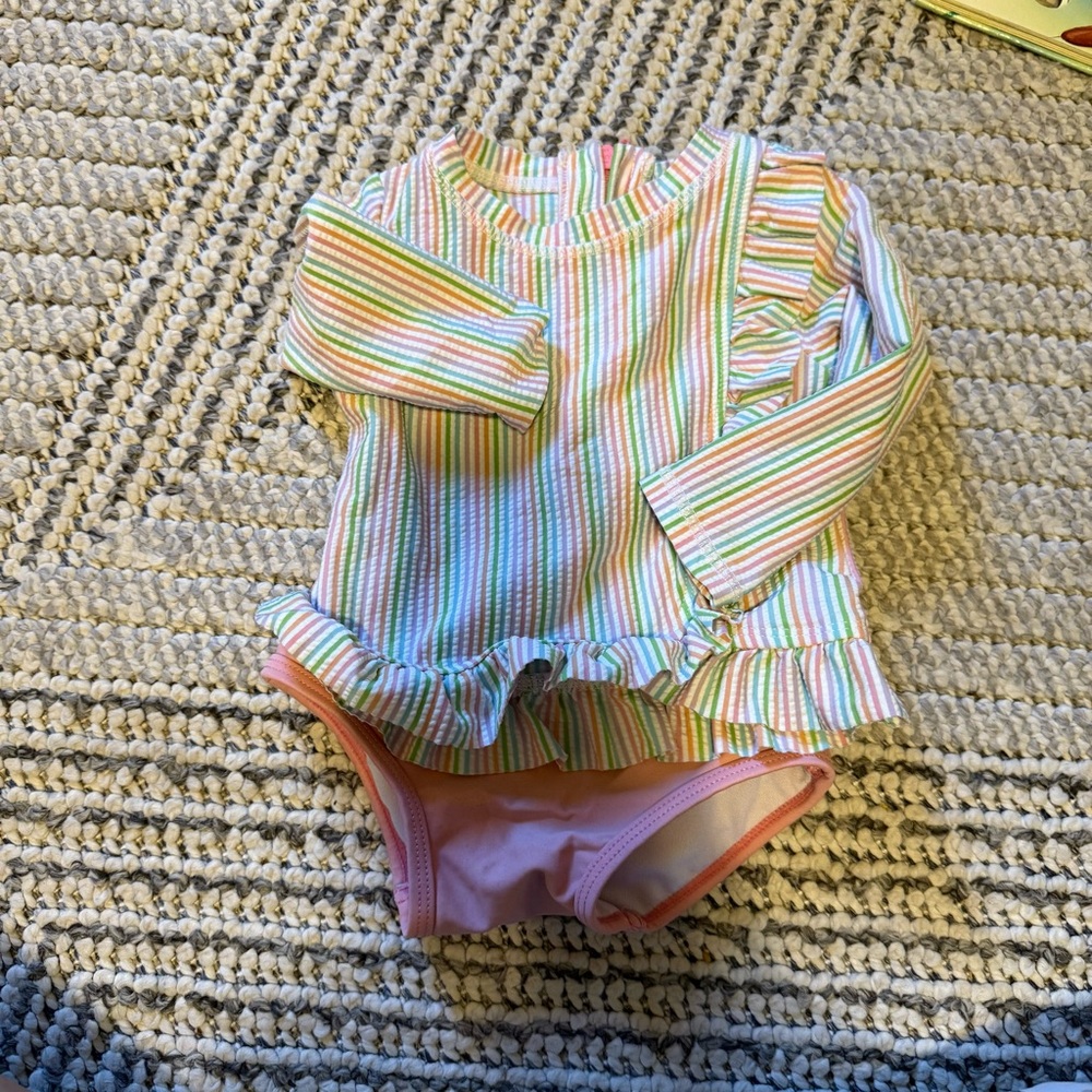 3 RuffleButts Long Sleeve Swimsuits (Size 6–12 Months)